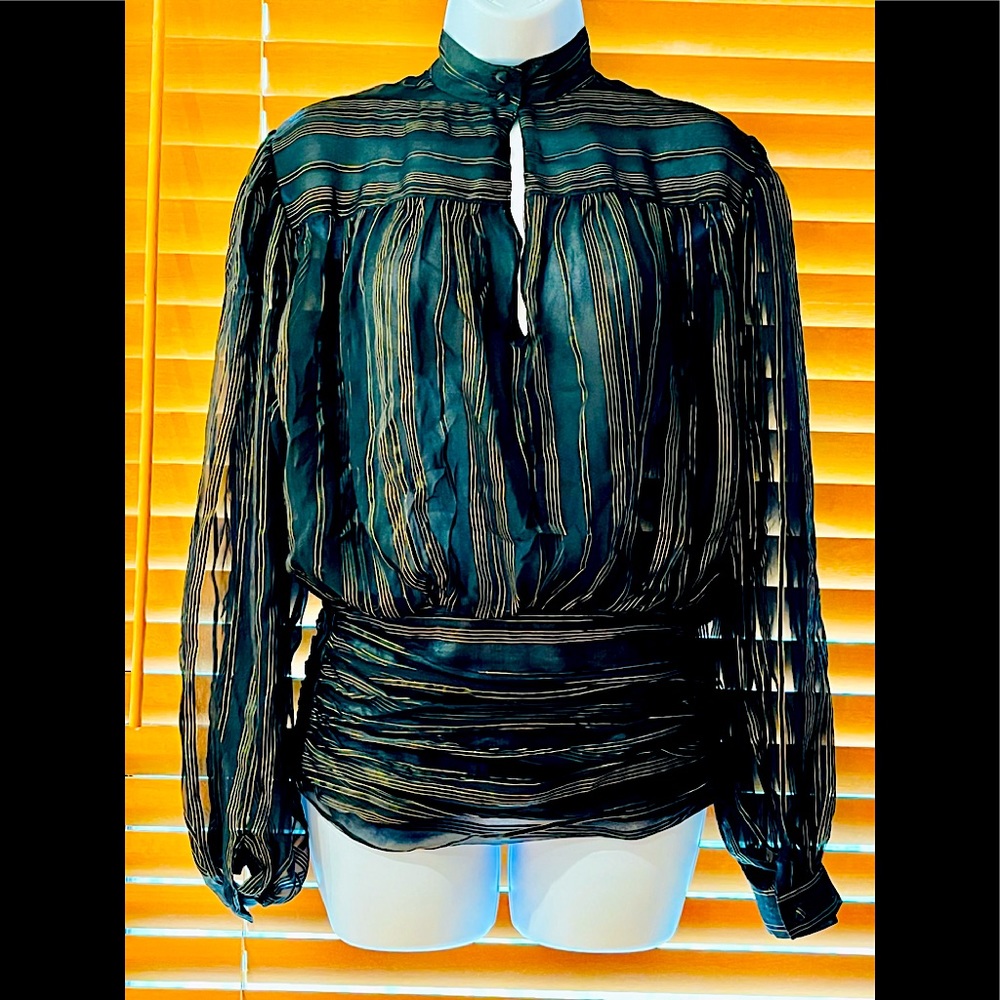 Vintage couture Gold metallic stripes on sheer silk blouson w/inbuilt cummerbund